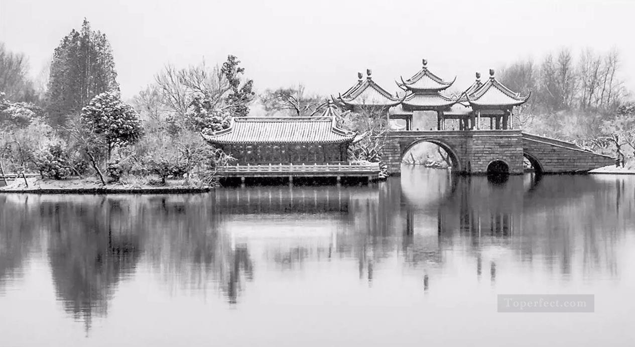 Chinese Garden Black and White Oil Paintings
